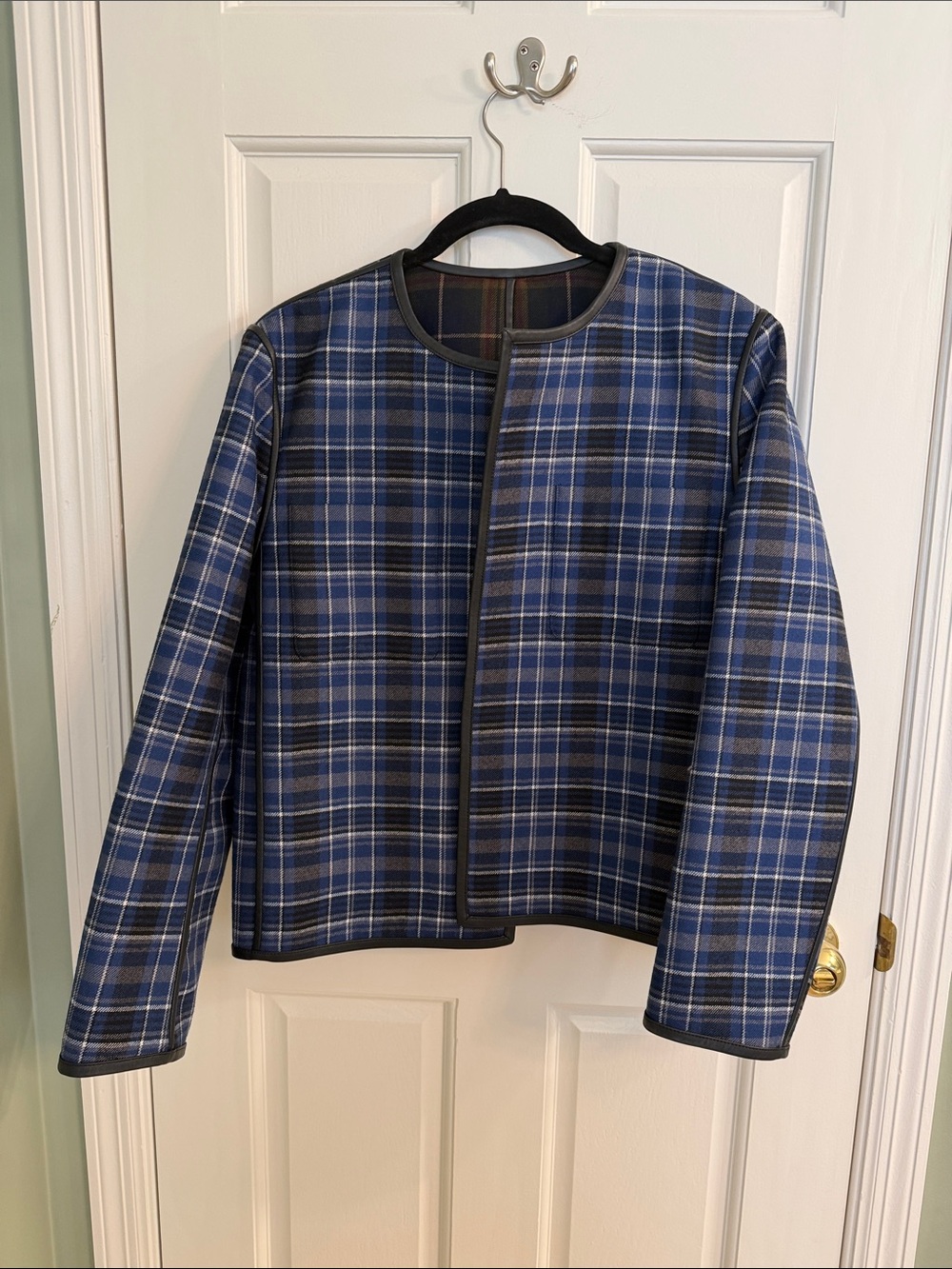 Lafayette 148 New York Blue Plaid Collarless Jacket reversible!